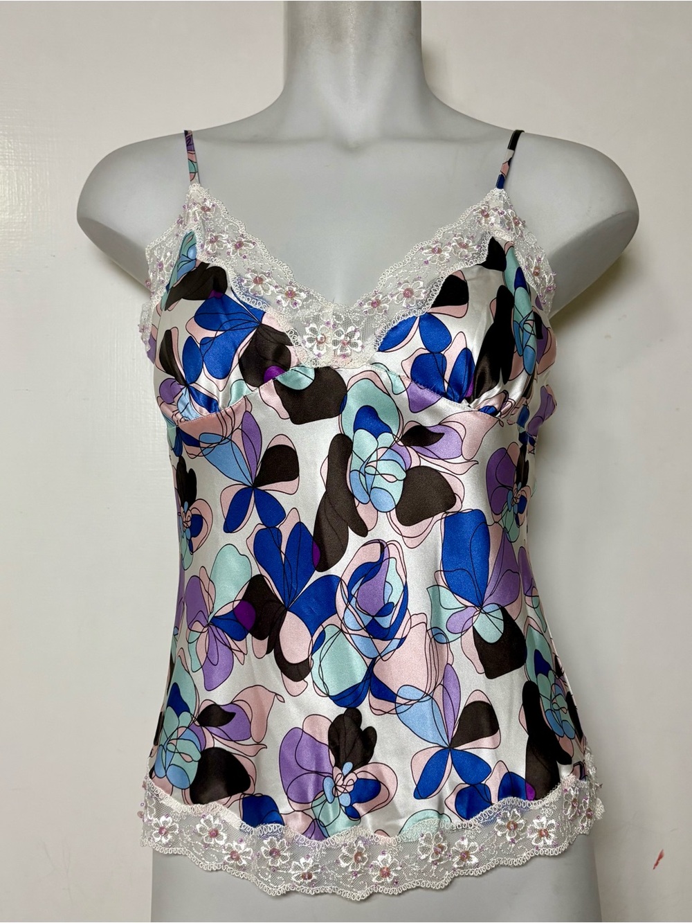 Vintage 90s/Y2K Funky Silk Camisole Tank Top Beaded Lace Trim